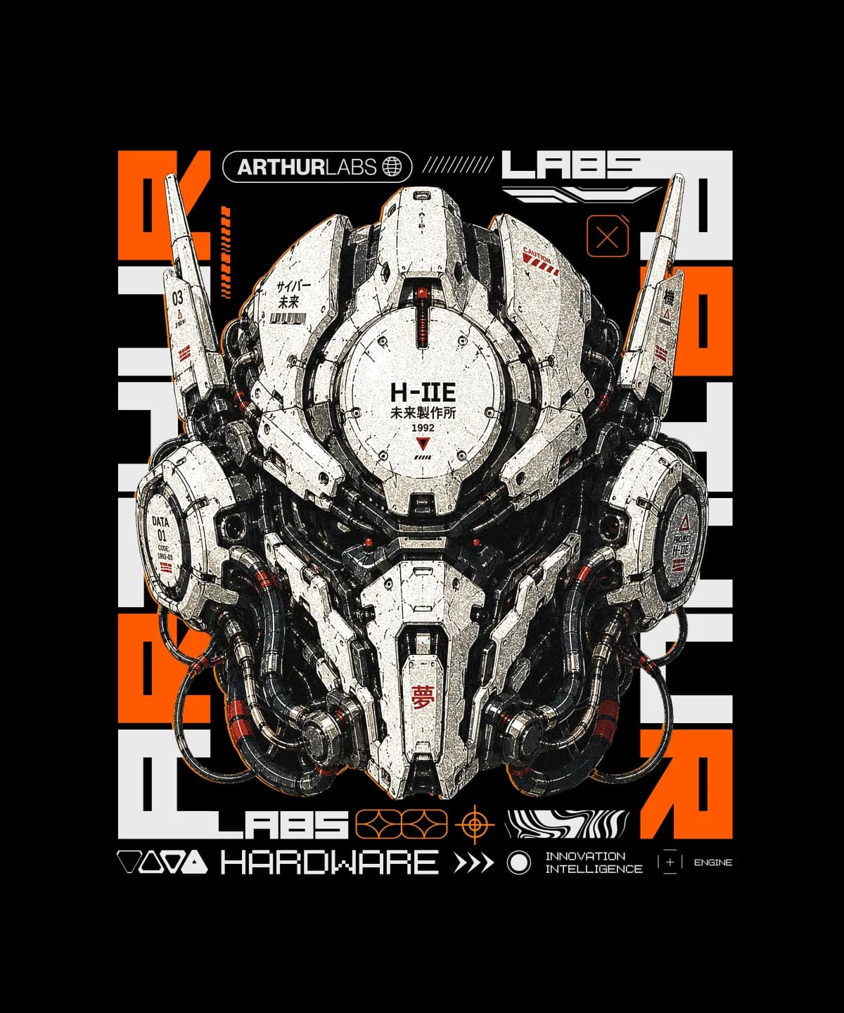 H-IIE mech helmet print — Arthur Labs hardware tee artwork