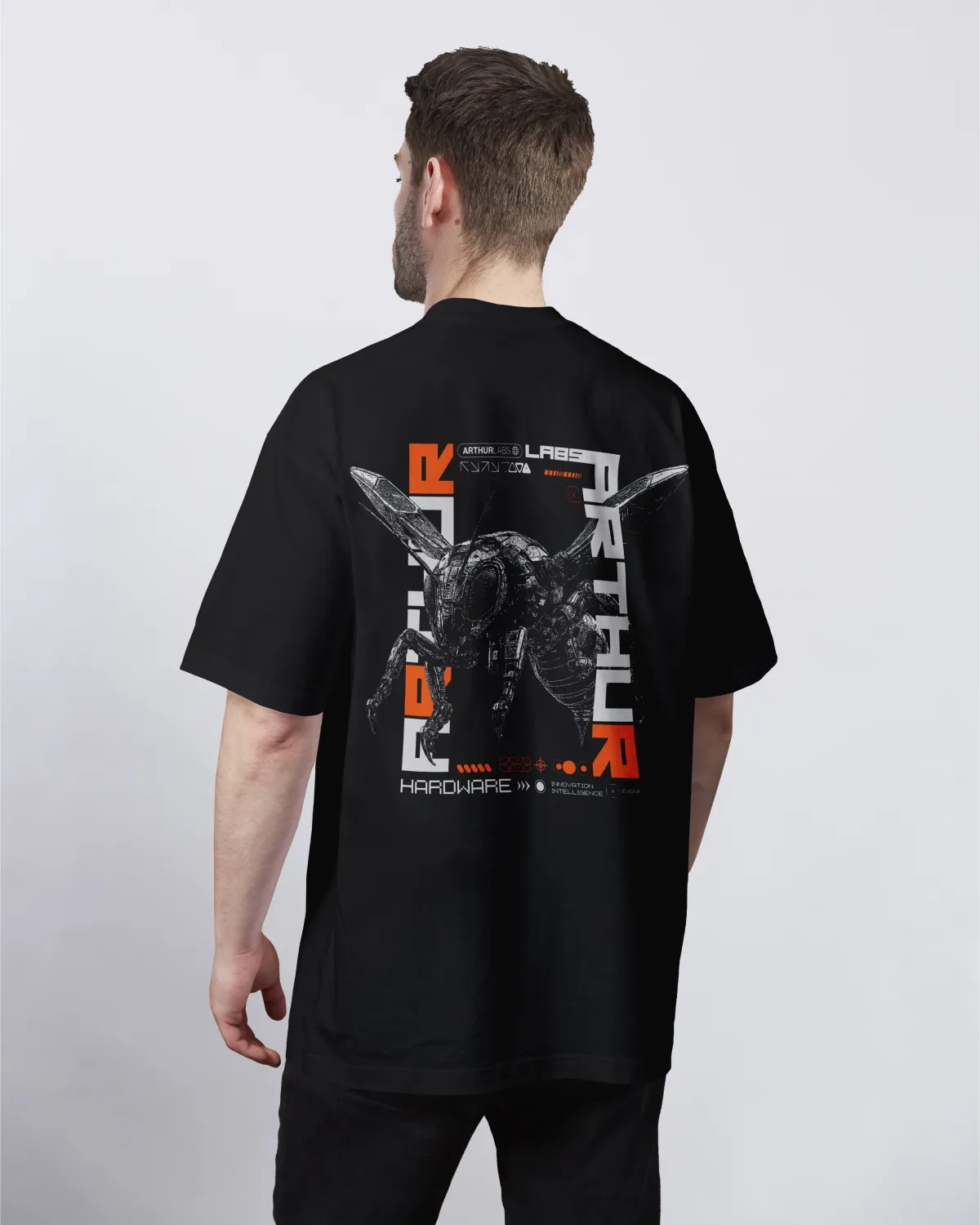 Arthur Labs mech-wasp tee worn, back print